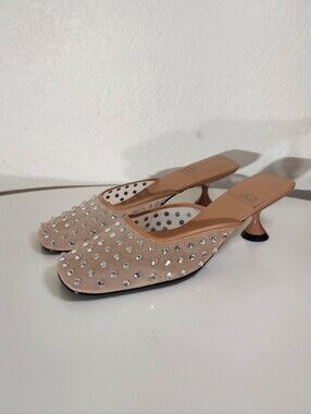 Jeffrey Campbell Nude Faux Rhinestone Sheer Kitten Heel Mules WM Size 9.5 NWOT